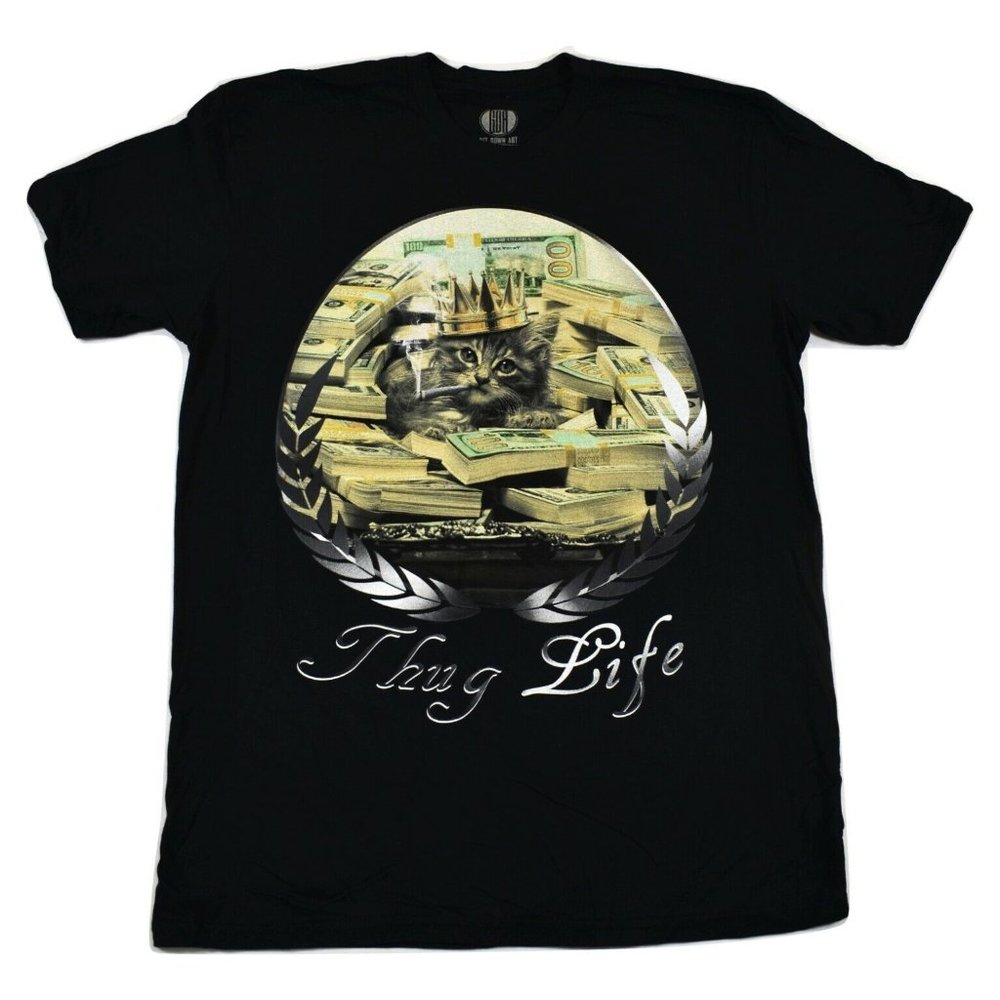 Get Down Art Mens Rich Cat Thug Life Cute Kitten In Money Stacks Shirt New